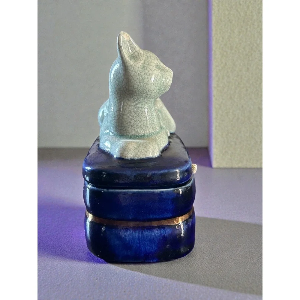 Takahashi Porcelain Crackle Green Cat Trinket Box‎ Colbalt Blue Japan Vintage
